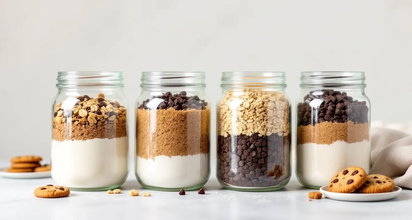 Cookie, brownie and cake mixes layered in glass jars